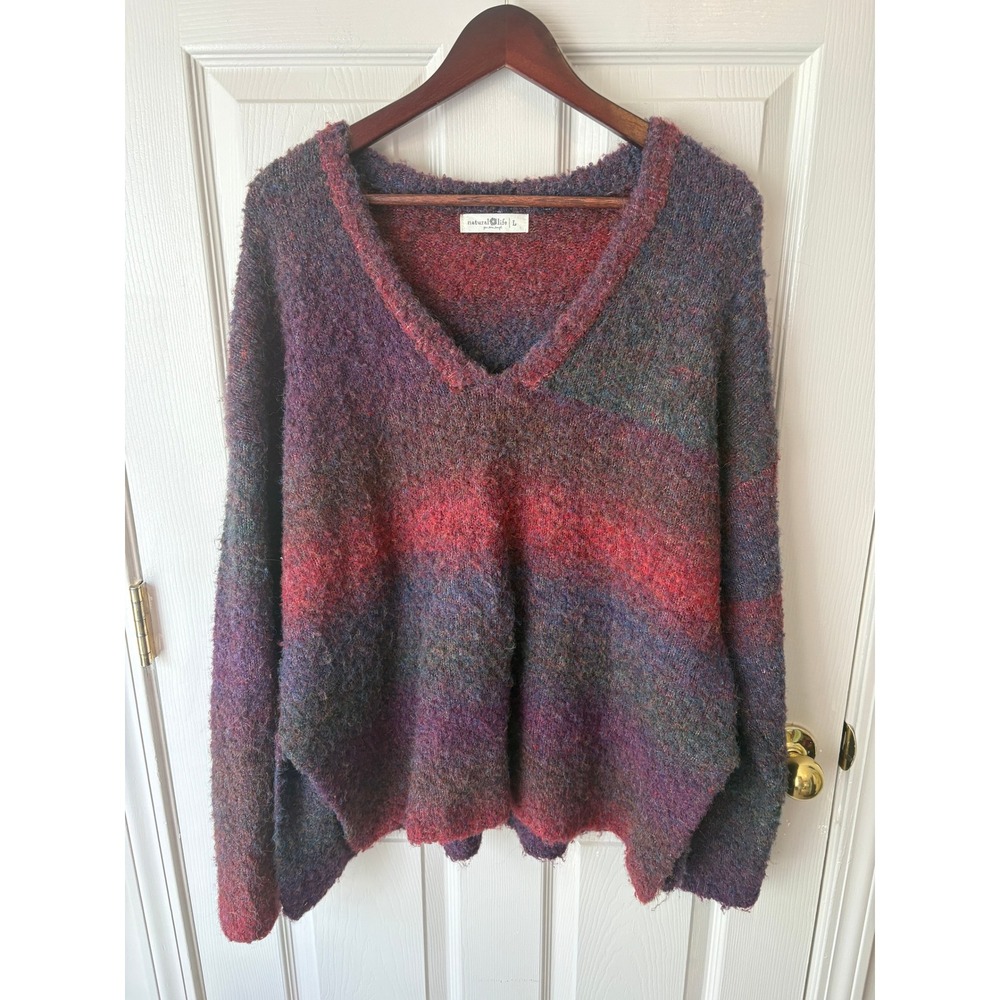 Natural Life Sweater Women L Purple Red Ombre V-Neck Fuzzy Knit Boho Pullover